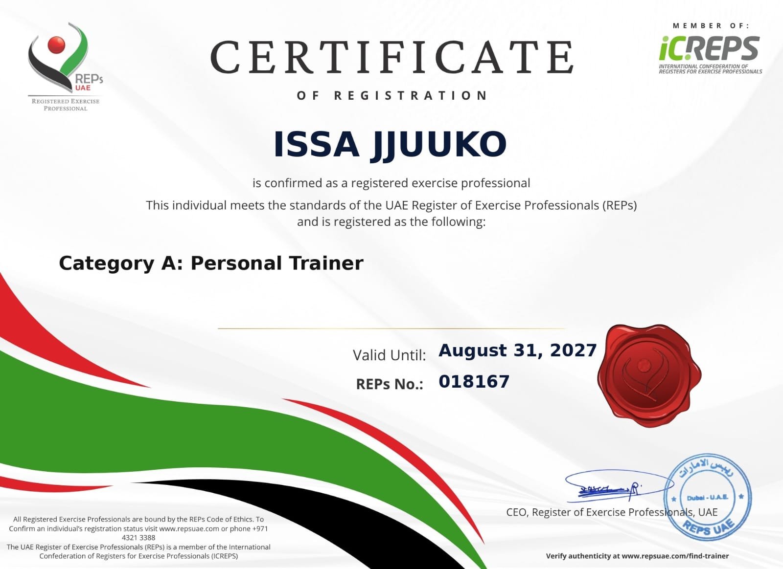 REPs UAE Registered Exercise Professional certificate
